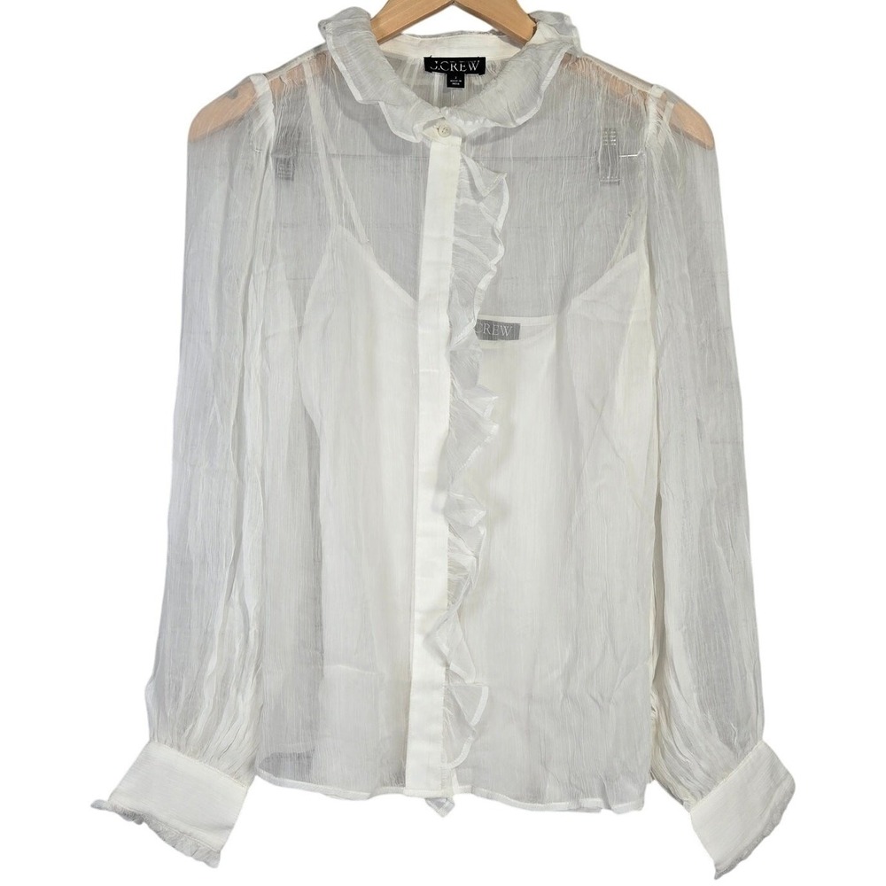 J. Crew Sheer Ruffle Front Button Up Blouse Ivory White Size‎ 2 Crinkle Chiffon